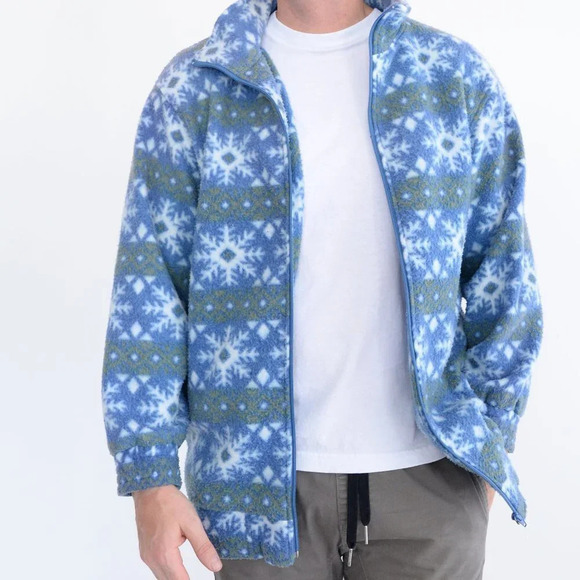 Vintage Haband! Blue & Green Snowflake Fleece Collared Sweater - Picture 2 of 12